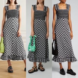 GANNI Seersucker Black Plaid Smocked Dress